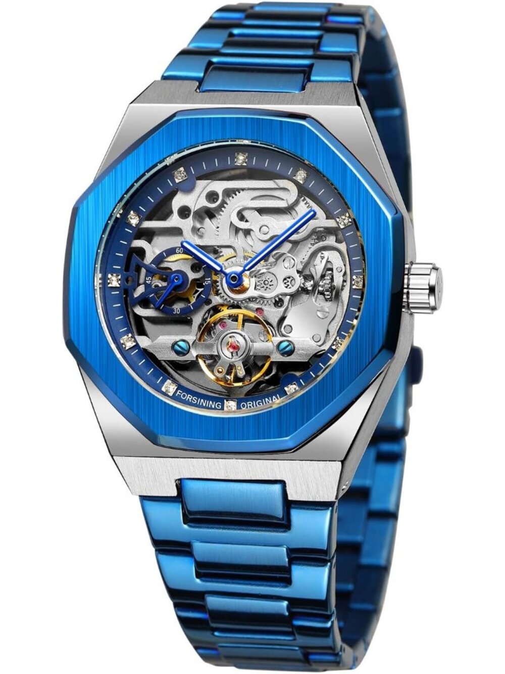 Men's Blue Silver Mechanical Automatic Male Clock Stainless Steel Skeleton Watch